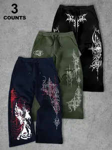 Men's Casual Loose-Fit Long Pants, Thorn & Angel Aesthetic Graphic Print Drawstring Wide Leg Joggers, All-Season Comfortable Men's Clothing