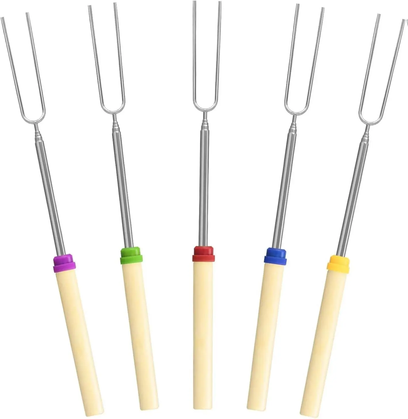 5-Pack Reusable Rust-Proof Stainless Steel Campfire Grill Barbecue Forks Set - 32-inch Elongated Sticks Barbecue Skewers with Wooden Handles, BPA-Free Plastic-Free Kitchen Utensils for Camping, Grill