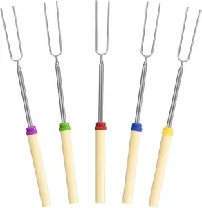 Marshmallow Roasting Sticks Set, Extendable 32in Long Metal Barbecue Skewers with Wooden Handle, for Marshmallow, Hot Dogs, Camping, BBQ, Grill(5 Pack)