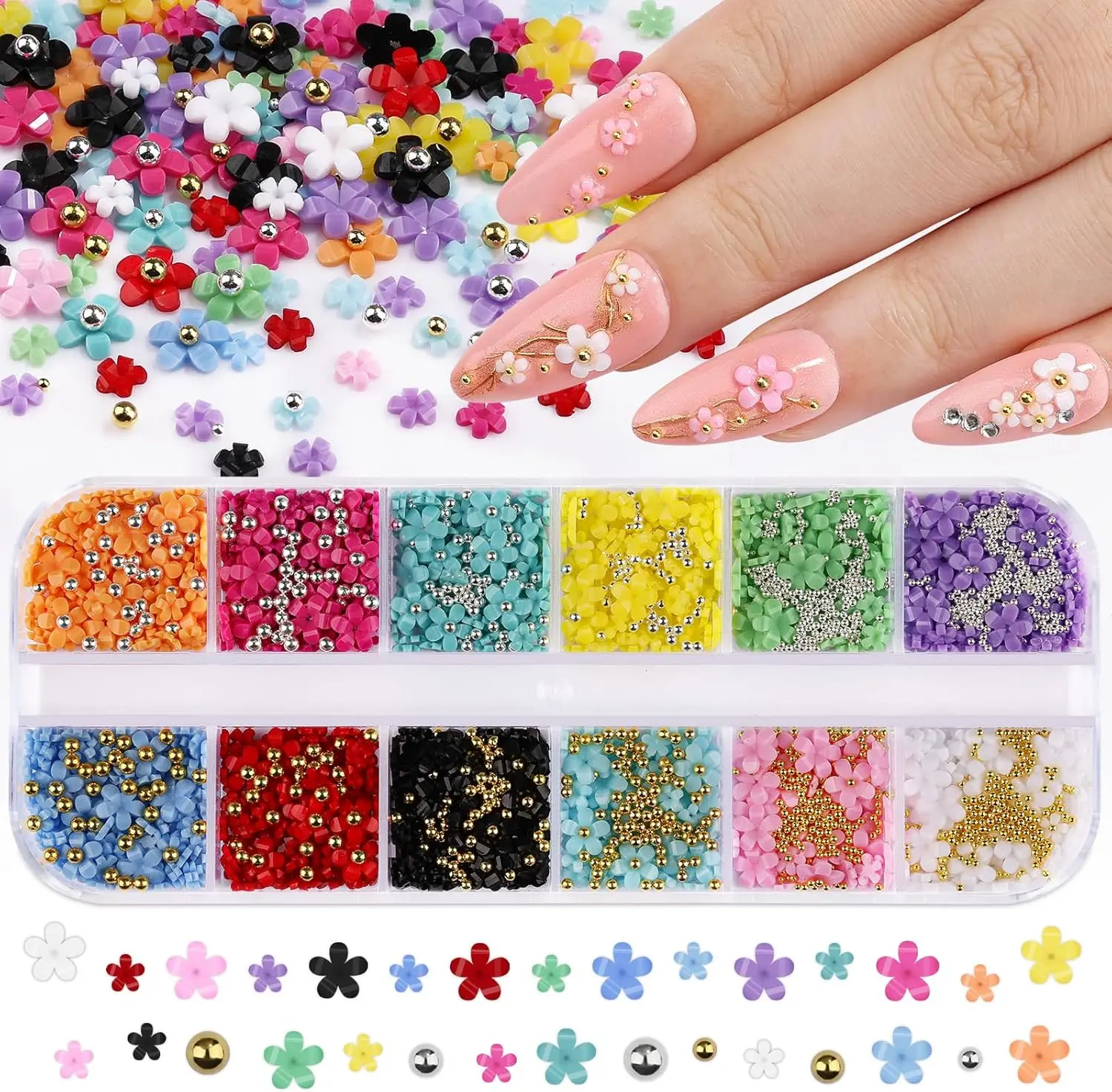 Halloween Fall Gift 3D Colorful Flower Nail Charms with Gold Silver Metal Caviar Beads Cherry Blossom Petal Spring Nail Art Charms Acrylic Floral Studs for Women DIY Manicure Crafts (1-S1-Solid)