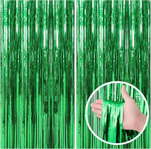 2 Pack Green Streamers Backdrop Jungle Party Decor Foil Fringe Backdrop Curtains Photo Booth Backdrop for Birthday St Patrick's Day Party Decorations