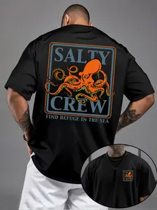 Men's Palm Tree & Letter Print Round Neck Tee, Loose Casual Short Sleeve T-shirt for Summer, Men's Top for Daily Wear, Tropical, Casual Style Tee