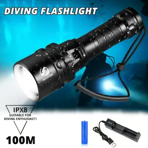 High Power Diving Flashlight Highest Rating Professional Diving Light Powered by 18650 Battery With Hand Rope - Aluminum Alloy, Polished Finish, LED Lights, 36V Operating Voltage, 350-500 Lumen Maximum Brightness, Flood Beam, Rechargeable L