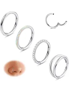 4 Pcs Minimalist Silvery Clicker Piercing Collection for Women Men Sturdy Surgical Steel Structure Gentle Comfortable Wearing Flexible Folding Segment Design Trendy Double Hoop Multi-use Set Nose Rings Septum Ornaments Lip Rings Helix Cartilage Earrings