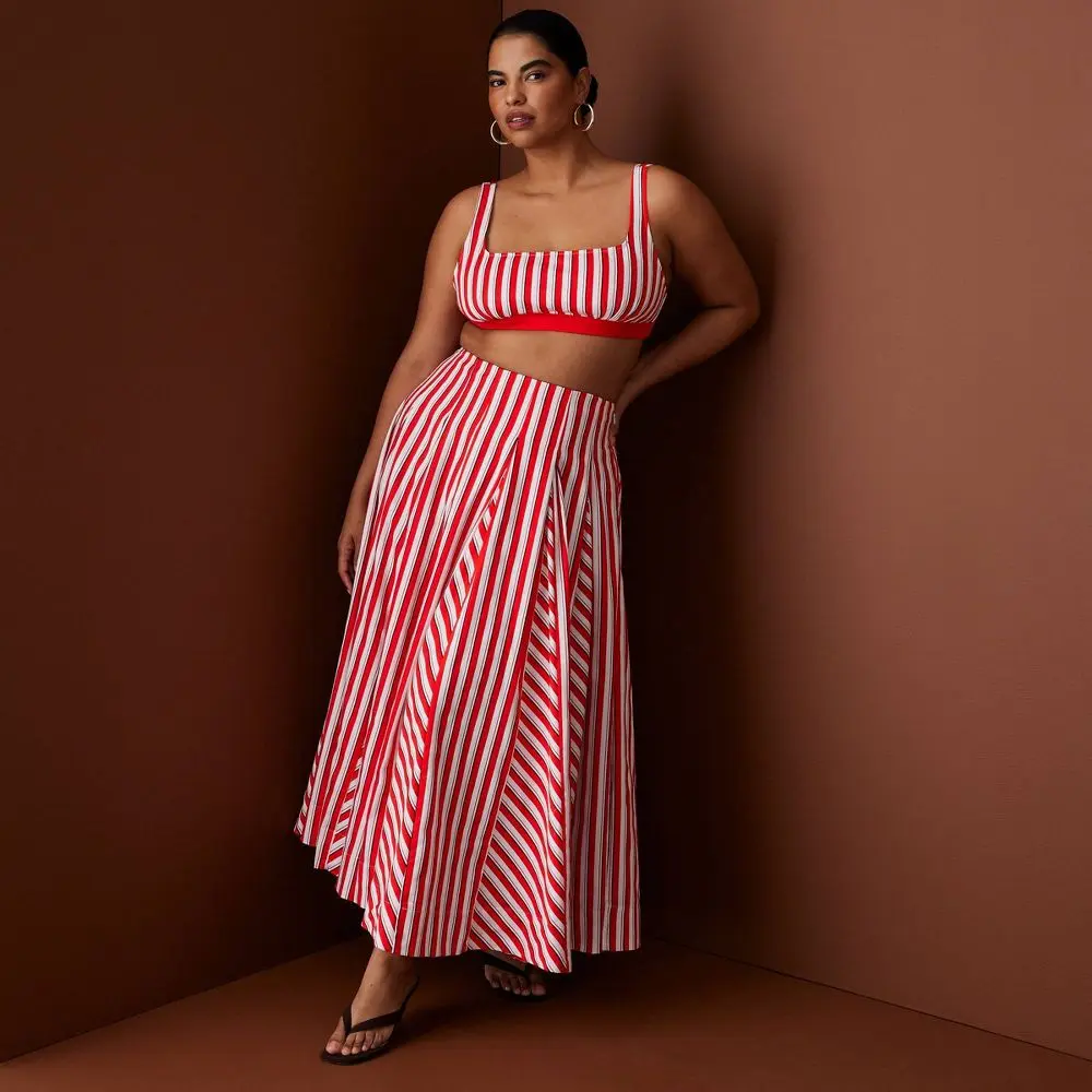 Women's Pleated Poplin Striped Midi Skirt - Rosie Assoulin Red 4