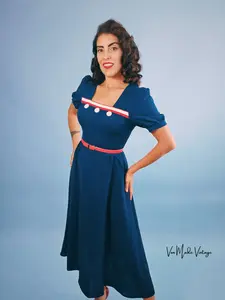 1940's Style Navy Square Neck Dress