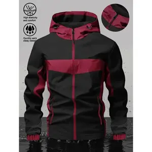 Men's Casual Hooded Jacket, Plain Design with Large Pockets Zipper, Windproof Waterproof Softshell Fabric, Sporty Outdoor Lightweight Coat