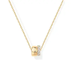 14K Gold Plated Necklace with Plain and Cubic Zirconia Rondelle Pendants on 19" Sliding Chain