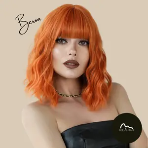 BERON【WA-LAWL1006-1/SM036】14inches Orange Wigs Short Curly Bob Wig with Bangs Wavy Hair Wigs Women's Synthetic Wigs Daily Party Use
