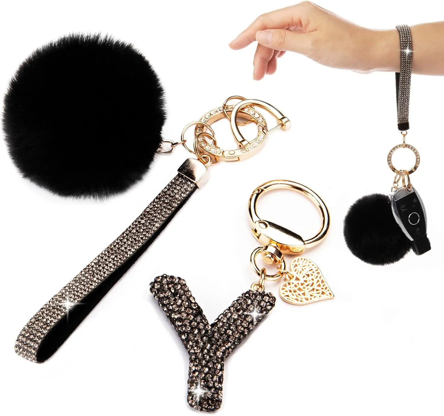 Women's Initial Letter Keychain, Bling Rhinestone Sparkly Car Interior Decoration, Cute Pom Pom Wristlet for Bag Backpack Purse (Keychains for Women)