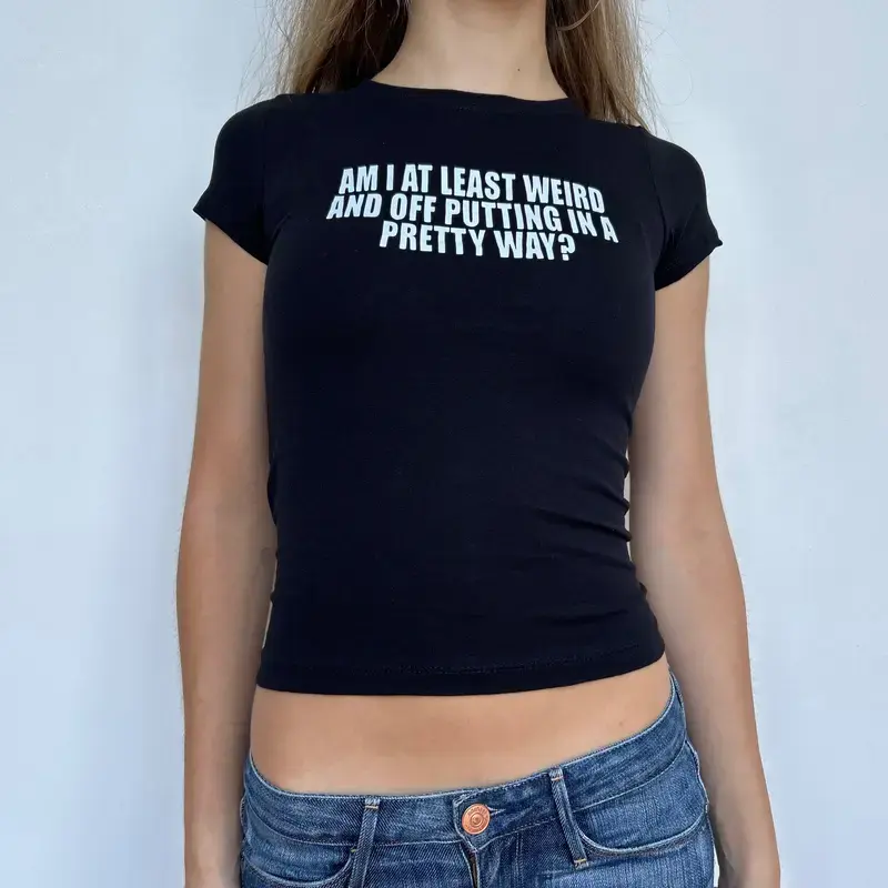 Am I At Least Weird In A Pretty Way Baby Tee, Quirky Cute Graphic Top, Aesthetic Gift for Her Baby Tee