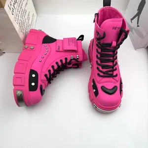 Men's bright pink high-top platform boots with PU sole and upper and pigskin insole. Suitable for casual and personalized looks in autumn and winter. Men's fashionable boots, street shoes, urban footwear. Quality construction, fashion-forward men, young p