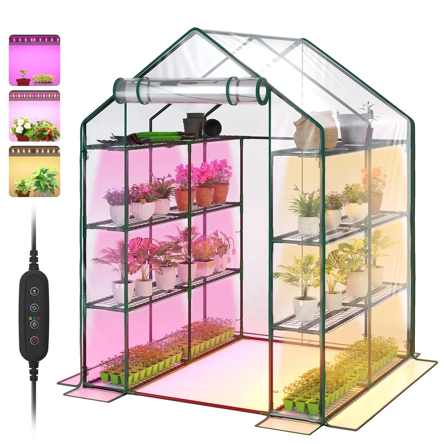 Bstrip Walk-In Grow Tent System, 56.3" W x 56.3" L x 76.8" H Indoor Greenhouse Kit with Transparent PVC Cover, Adjustable Brightness 10W Grow Light & Automatic Timer, Garden, Growing Kit