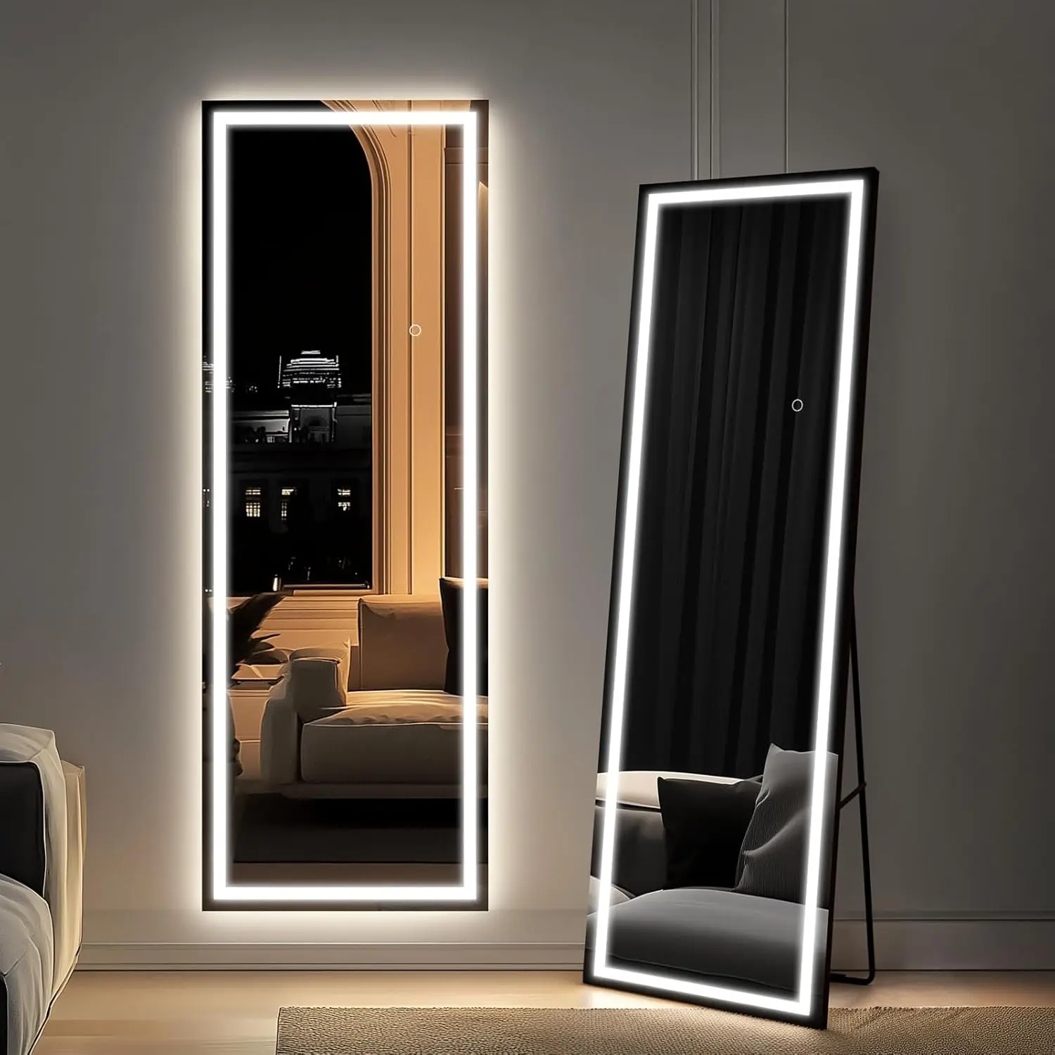 Spaco LED Lighted Full Body Mirror - Dimmable 3-Color Illumination with Memory Function, Distortion-Free Silver Coating, HD Reflection, Anti-Desilvering, Tempered Glass with Shatter-Proof Film, Switch-Controlled Wall/Floor Mount, Modern Home Decor, Safe,,