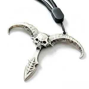 Vintage Gothic Ram Skull Spear Pendant Necklace - Adjustable Black Lanyard, Dark Punk Biker Animal Decor, Male Casual Triangle Keychain with Package Opener & Emergency Car Window Breaker, Edgy Streetwear Jewelry Gift