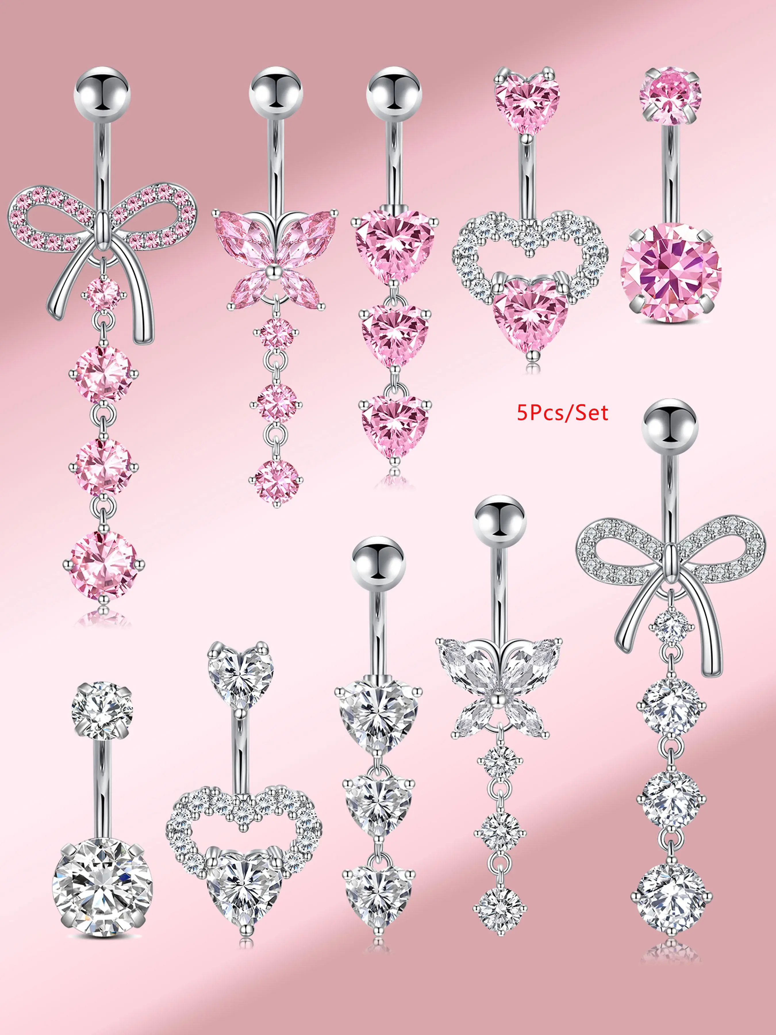 Heart & Butterfly & Bow Design Belly Rings, Belly Piercing Jewelry, Belly Button Piercing, Stainless Steel Navel Rings, Body Jewelry for Women & Girls, Trendy All-match & Exquisite Jewelry for Birthday Gift, Body Piercings, Body Jewellery