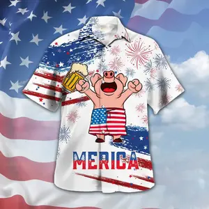 Pig Drink Beer Hawaiian Shirt Funny Merica Pig USA Flag Pattern Hawaii Shirt Men Women, Trendy Hawaiian Shirt for Men and Women, All over Print Hawaiian Perfect for Beach, Vacation, or Casual Summer Outfit