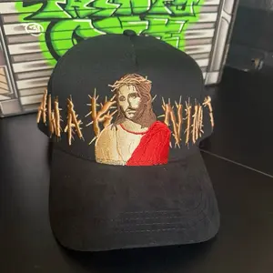 Dandy Hats Rude Awakenings Jesus Embroidered Black Baseball Cap with Red Robe and Thorn Detail