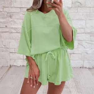 Meadow Mist Green Solid Loose V Neck Half Sleeve Tee and Shorts??gift??