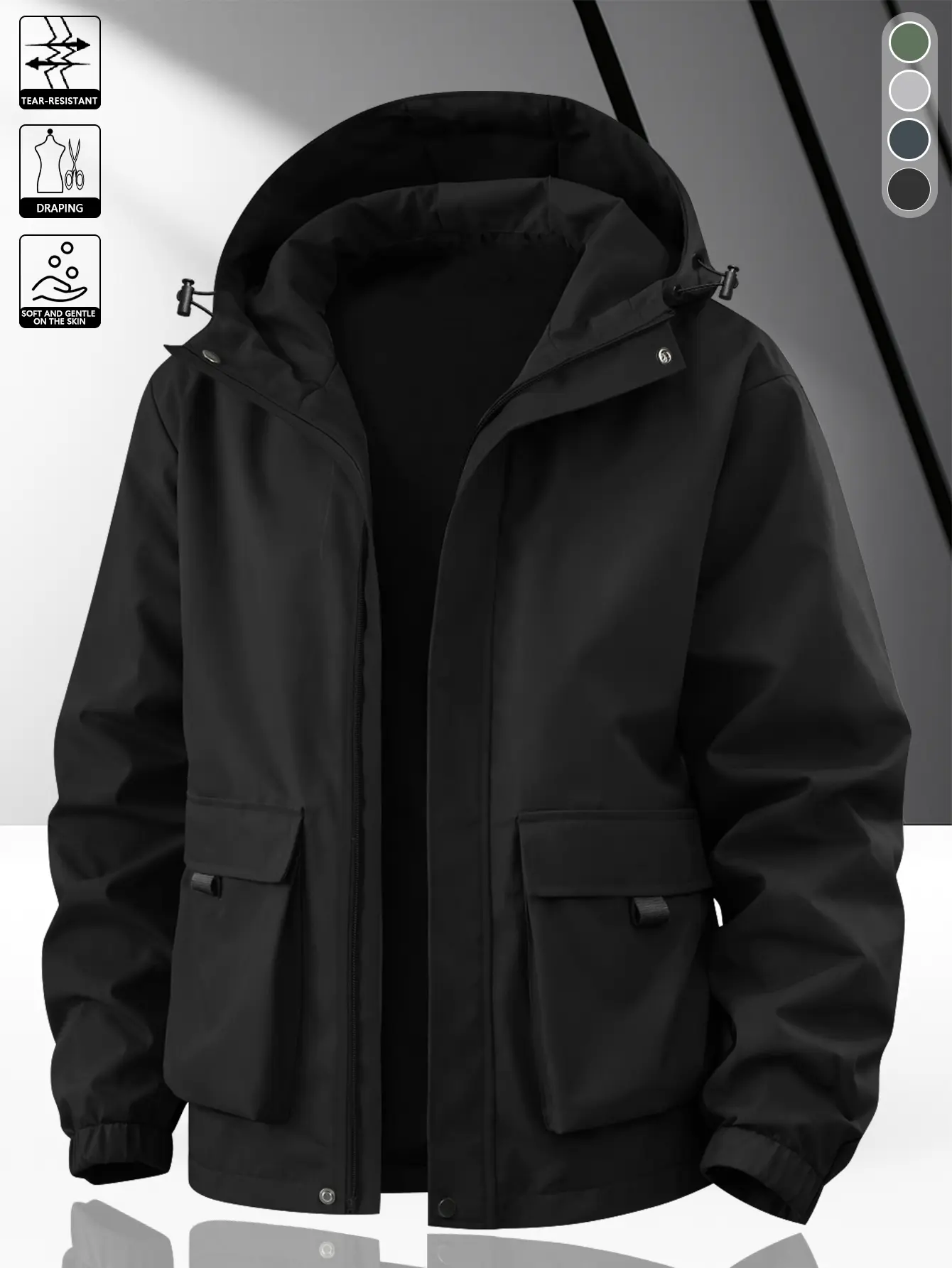 Men’s solid black hooded workwear jacket with large side patch pockets, double-front closure with buttons and zipper, elastic cuffs, woven fabric, long sleeves for commuting, outdoor activities, and casual wear.
