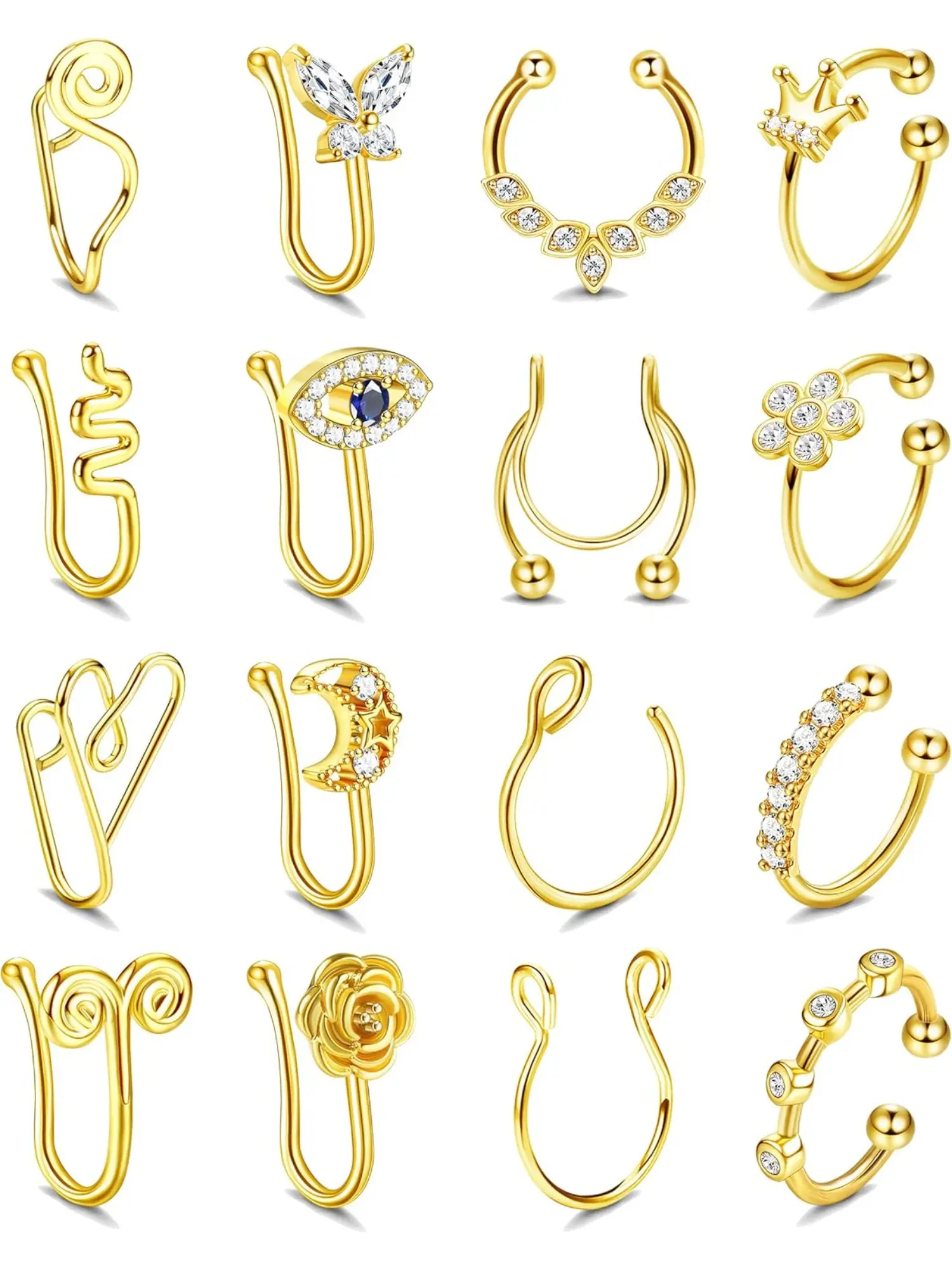 16PCS Fake Nose Rings Stainless Steel Nose Cuff Clip On Nose Ring CZ Butterfly Evil Eye Moon Flower Fake Septum Nose Ring Hoop Cartilage Helix Ring Faux Nose Body Piercing Jewelry for Women Men