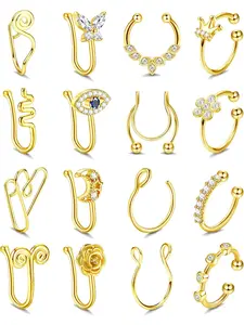 16PCS Fake Nose Rings Stainless Steel Nose Cuff Clip On Nose Ring CZ Butterfly Evil Eye Moon Flower Fake Septum Nose Ring Hoop Cartilage Helix Ring Faux Nose Body Piercing Jewelry for Women Men
