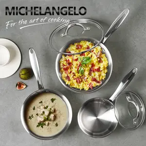 MICHELANGELO Saucepan Set 4pc, 18/10 Stainless Steel Sauce Pan with Lid, Tri-Ply Bottom Sauce Pot Set, Nonstick Saucepan, Dishwasher Safe, Cookware