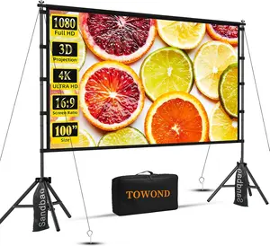 Outdoor Projector Screen with Stand, TOWOND 100 inch Portable Movie Screen, 16:9 HD Foldable Anti-Crease Projection Screen with Carry Bag for Home Theater Outdoor Indoor Support Double Sided