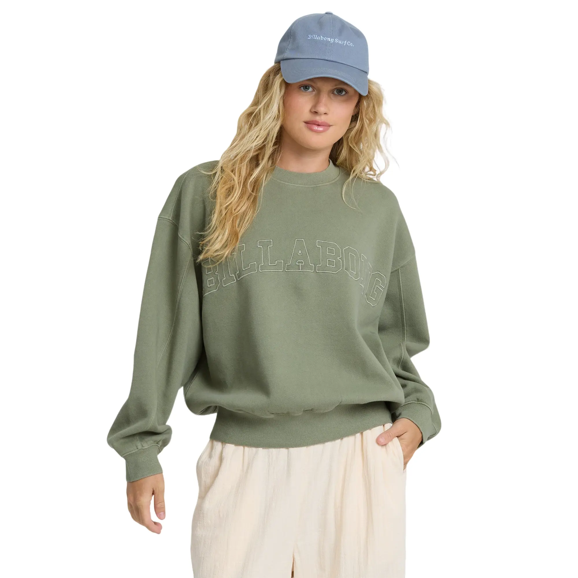 BILLABONG Vibes Kendal Crewneck Sweatshirt - Army Green, Women’s Oversized Pigment-Dyed Brushed Fleece Pullover Crewneck, Long Sleeves, Soft Everyday Comfort, for Fall Winter Layering Hoodie Tops Womenswear Casual