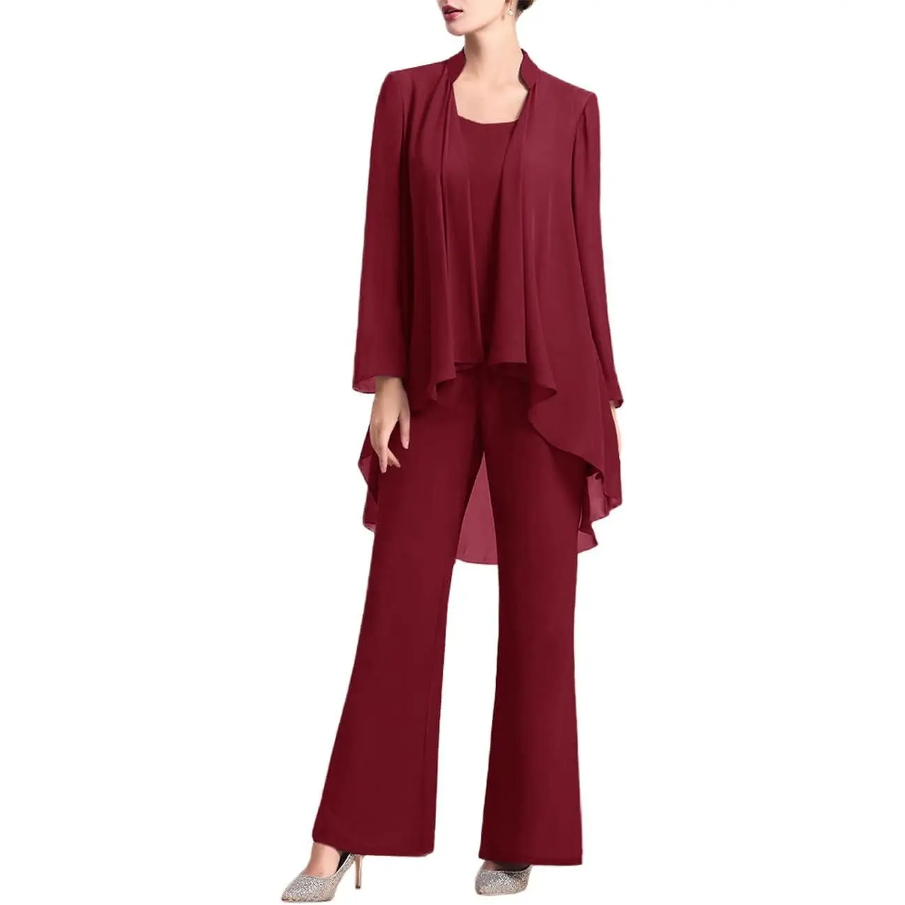 FMEYOA Women's Mother of The Bride Pant Suits 3 Pieces Chiffon Outfit Sets for Wedding Guest Evening Party Gowns