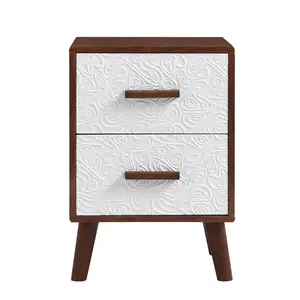 U-Can Square End Table Side Table with 2 Drawers Adorned with Embossed Patterns for Living Room, Hallway, Brown+White