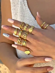 10 Pcs Fashion Mix Stainless Steel 18k Hip Hop Round Open Adjustable Ring Set, Trendy Jewelry for Men and Women