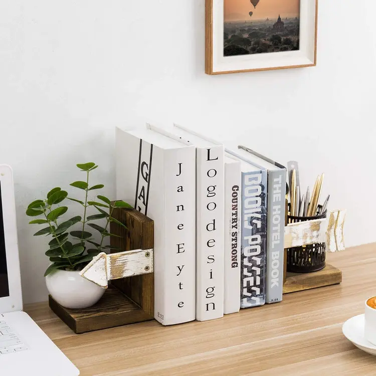 Whitewashed Arrow Design and Dark Brown Burnt Wood Tabletop Bookends, Set of 2