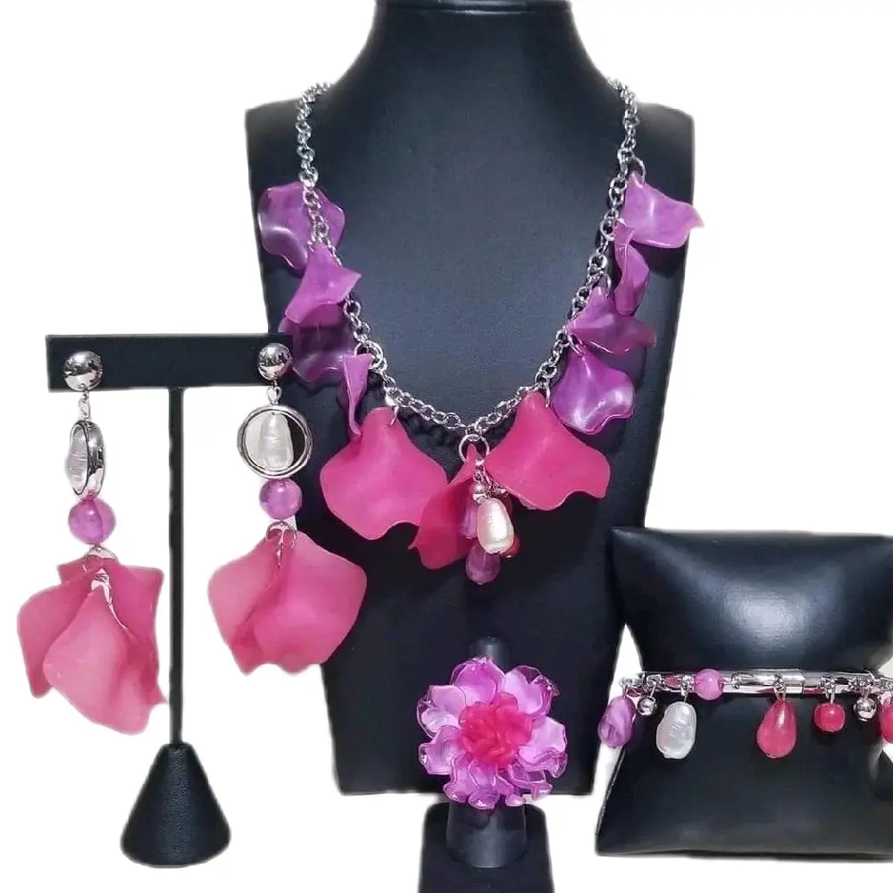 Pink Rose Peddle Necklace with Matching Earrings, Floral Design, Chain Strap, Elegant and Coordinating Accessory Set