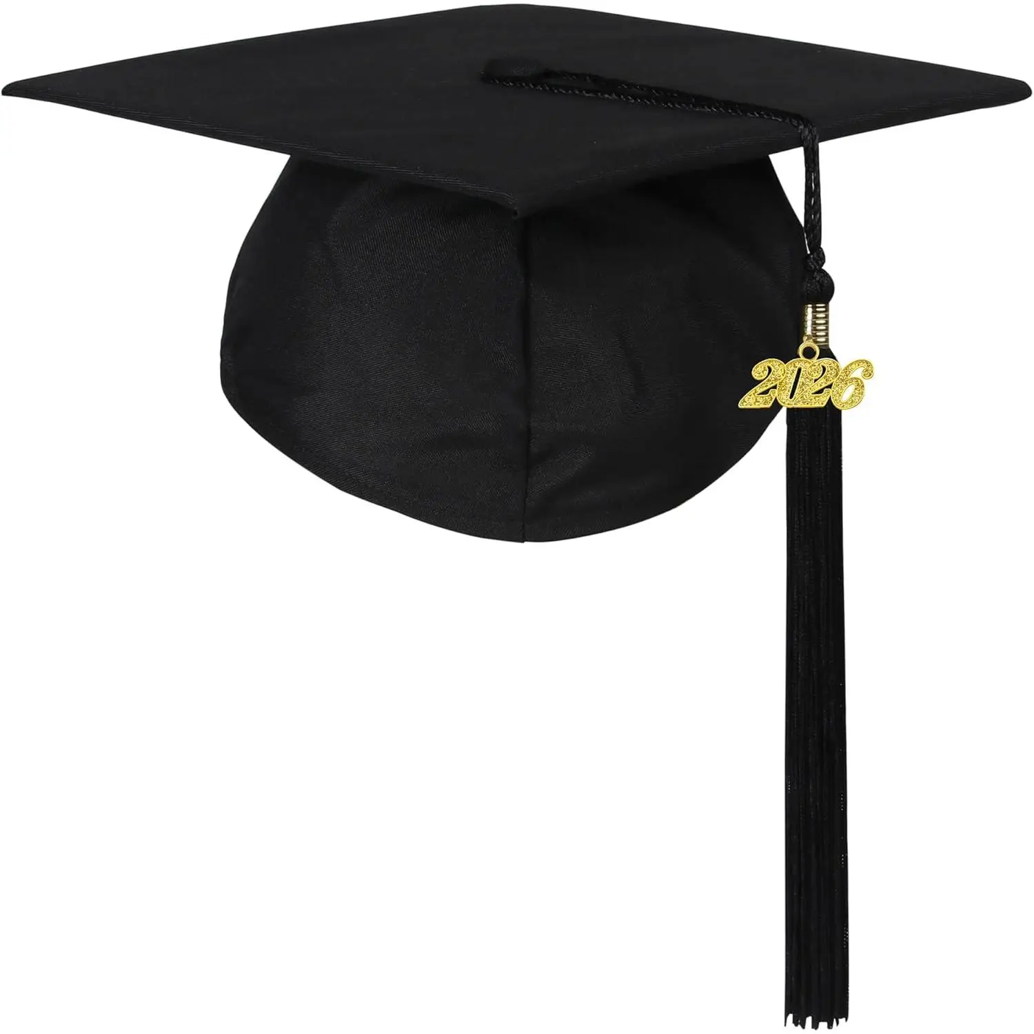 Matte Solid Polyester Graduation Cap with 2026 Year Charm, Academic Accessories for High School or Middle School, Fits Most, Fits Most Adult, Tassel, Elastic Band, Mortarboard, Ceremony, Comfortable, Hat, 2026 Charm, 9" Long Tassel, 9 Inches, Stretchable,