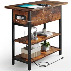 End Table with Charging Station, Flip Top Side Table with USB Ports and Outlets, Sofa Couch Table Bedside Table for Living Room Bedroom, Narrow Nightstand with Storage Shelves for Small Space