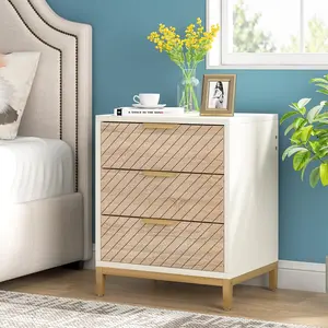 Tribesigns Nightstand with 3-Drawers, White and Gold Light Wood Grain for Bedrooms, 15.75"D x 19.75"W x 24.75"H
