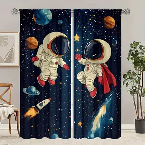 2 Piece Printed Curtains, Astronaut Space Theme Pattern, Rod Pocket Design, Easy to Hang, Semi-Transparent Privacy Curtains