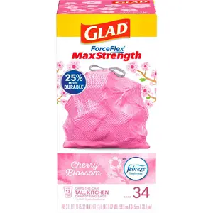 ForceFlex MaxStrength 13 gal. Cherry Blossom Scent Pink Kitchen Drawstring Trash Bags (34-Count) Plastic Container