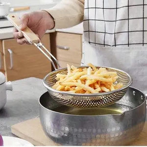 Metal Colander Mesh Strainer with Wooden Handle - Fine Mesh for Food Preparation, Kitchen Cooking Utensils