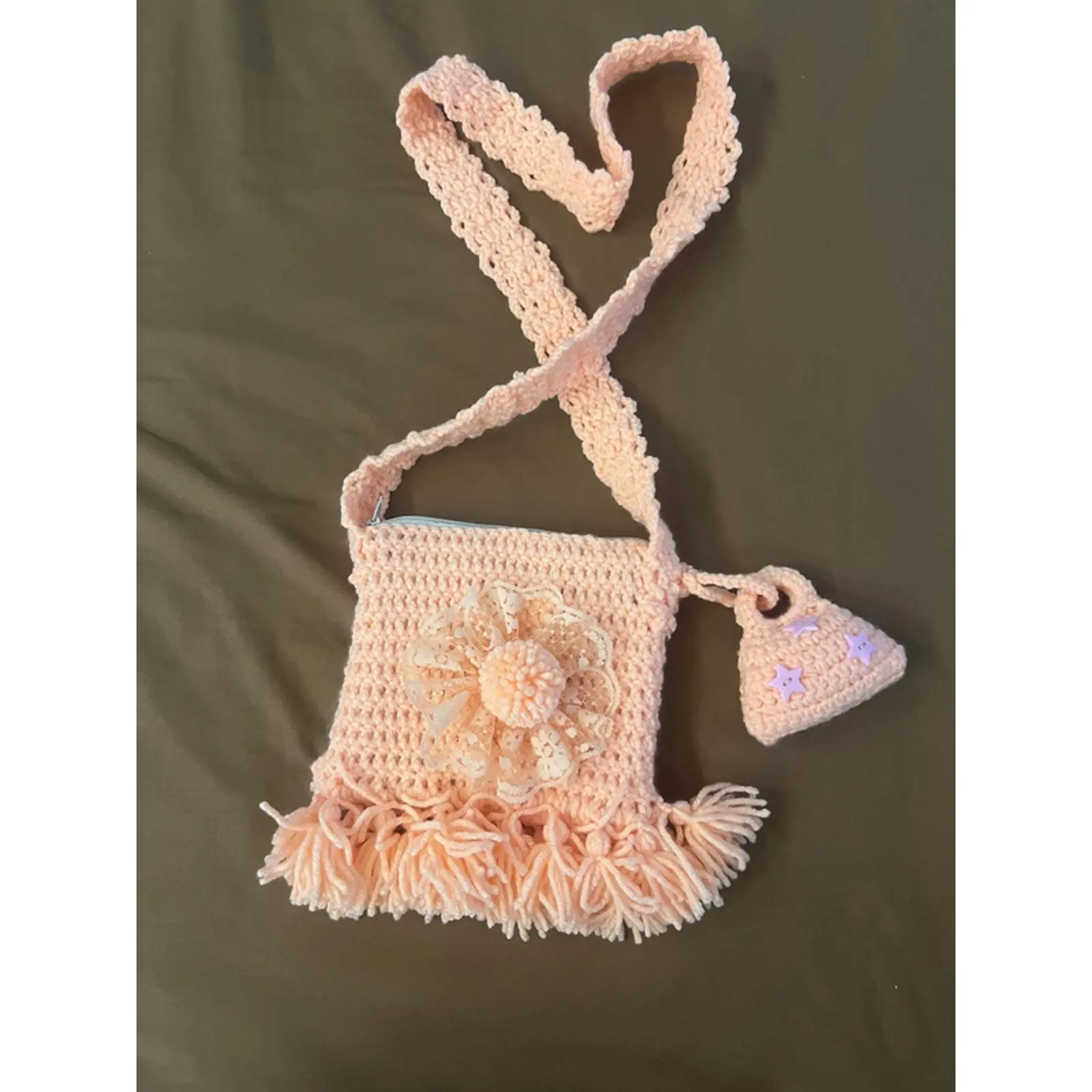 Crochet Bag with Mini Purse - Pink Floral Design, Fringe Detail, and Crossbody Strap