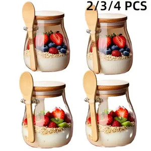 Glass Storage Jar with Lid & Spoon, 2/3/4 Counts Overnight-Oats Jar with Stickers & Pen, Food Storage Container for Yogurt, Spice, Salad, Kitchen, Glass Mason Jar, Canister