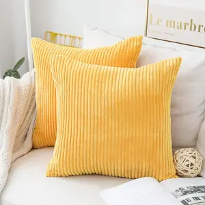 Yellow Throw Pillow Covers 18x18 Set of 2 Super Soft Decorative Striped Corduroy Mustard Throw Pillows for Couch Bed Spring, 18 x 18 inch, Sunflower Yellow