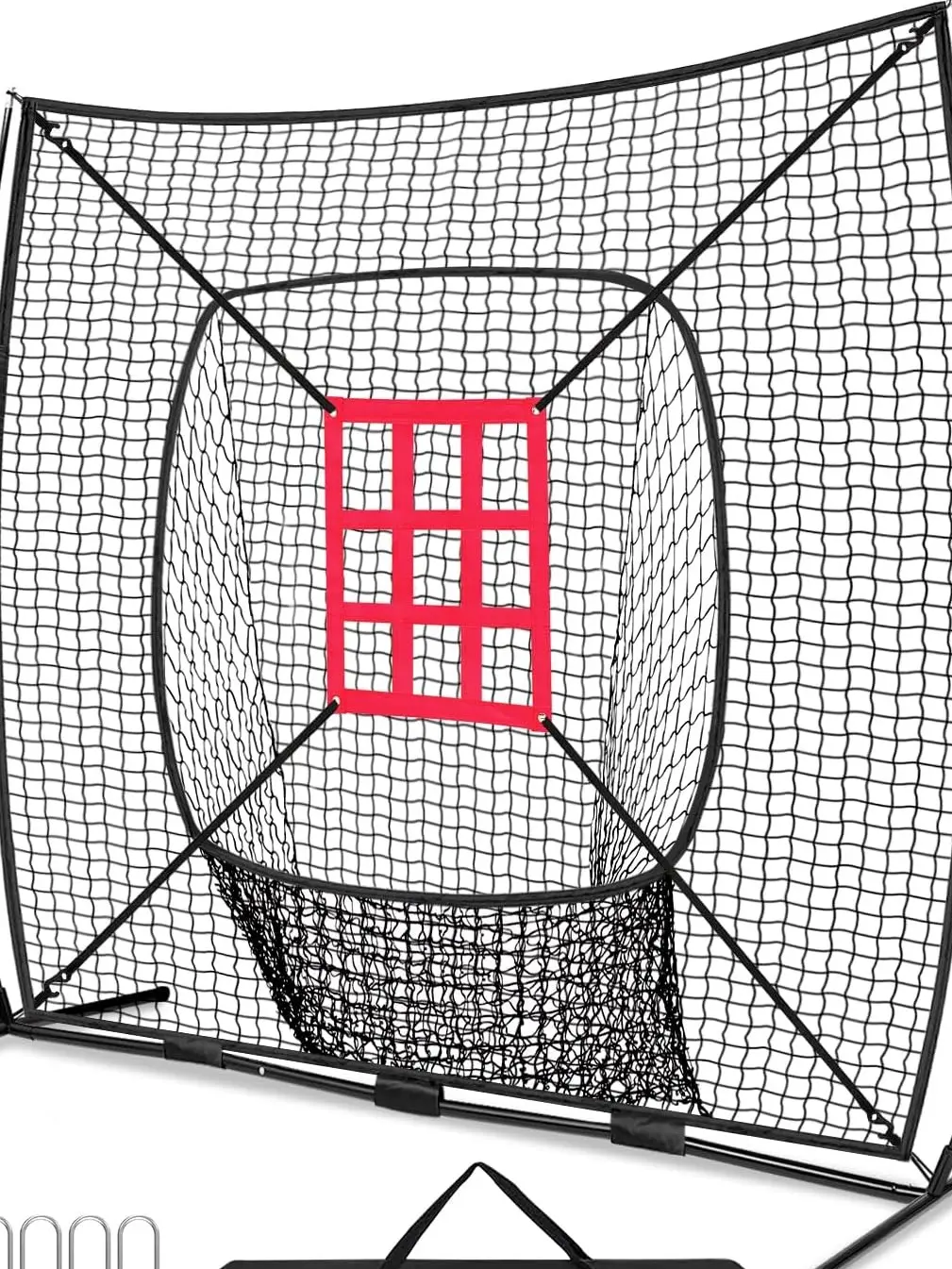 7x7 ft Baseball & Softball Practice Net with Bow Frame for Batting, Hitting, Pitching, Portable Baseball Throwing Net with 2 Strike Zone Batting Tee