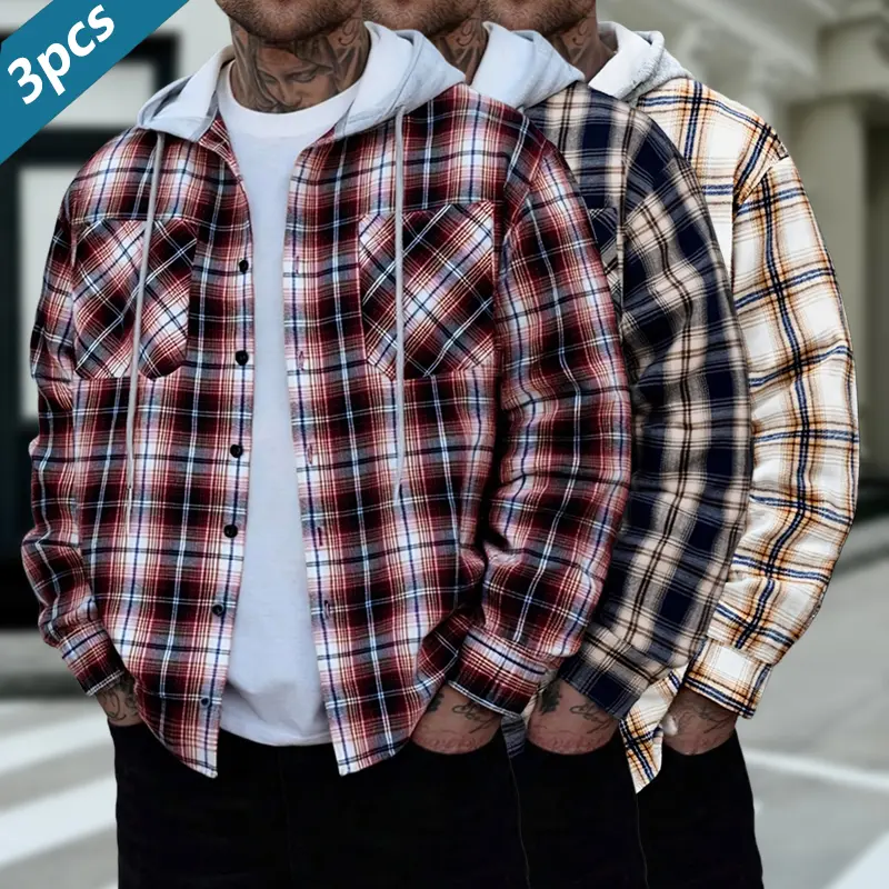 Men's Vintage Plaid Hooded Shirt Plaid Print Button Front Lightweight Jacket Breathable Fabric Relaxed Drop Shoulders Casual Long Sleeve Lapel Coat Versatile Top for Commuting and Street Style Spring and Autumn Casual Versatile Jacket