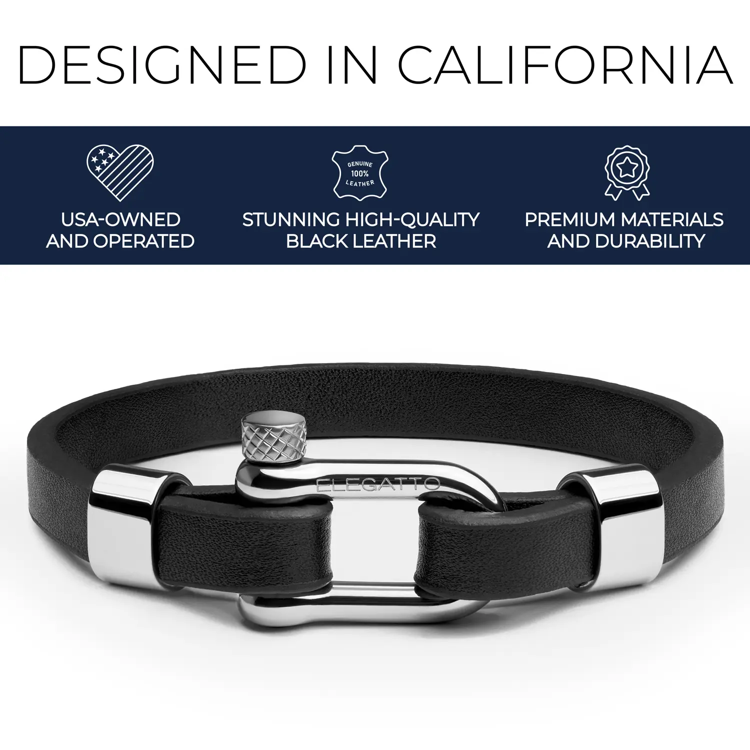 Elegatto Morelle Premium Leather Bracelet for Men | Full-Grain Black Leather with Silver Polished Stainless Steel Shackle Closure | Men’s Designer Jewelry