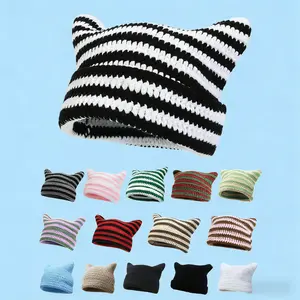Hand-Knit Striped Cat Ear Hat – Women's Autumn/Winter Warm Beanie, Two-Tone Coffee Brown, Y2K Streetwear Style, Acrylic