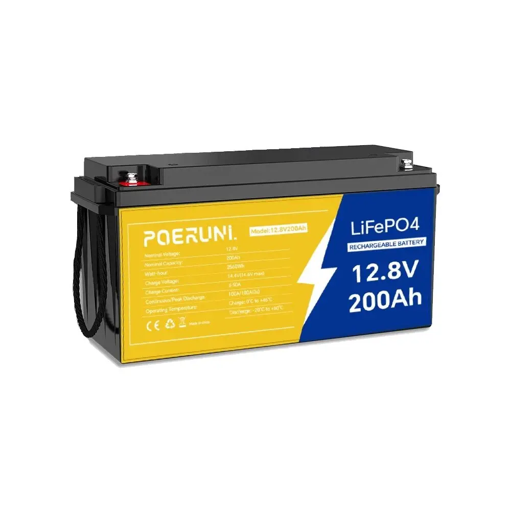 POERUNI 12V 200Ah LiFePO4 Large Capacity Rechargeable Portable Battery Pack - Lithium Iron Phosphate (LiFePO4), Deep Cycle BMS, P65 Waterproof, Automotive Grade, Over-Charging Protection, AC Power Supply for Marine Use