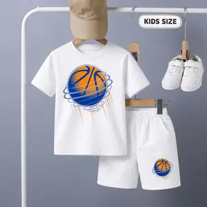 Children's Basketball Print Short-Sleeve T-Shirt And Shorts Set—Casual Summer Kids' Clothing. This Round-Neck Outfit Combination Is Perfect For Everyday Wear And Outdoor Play.