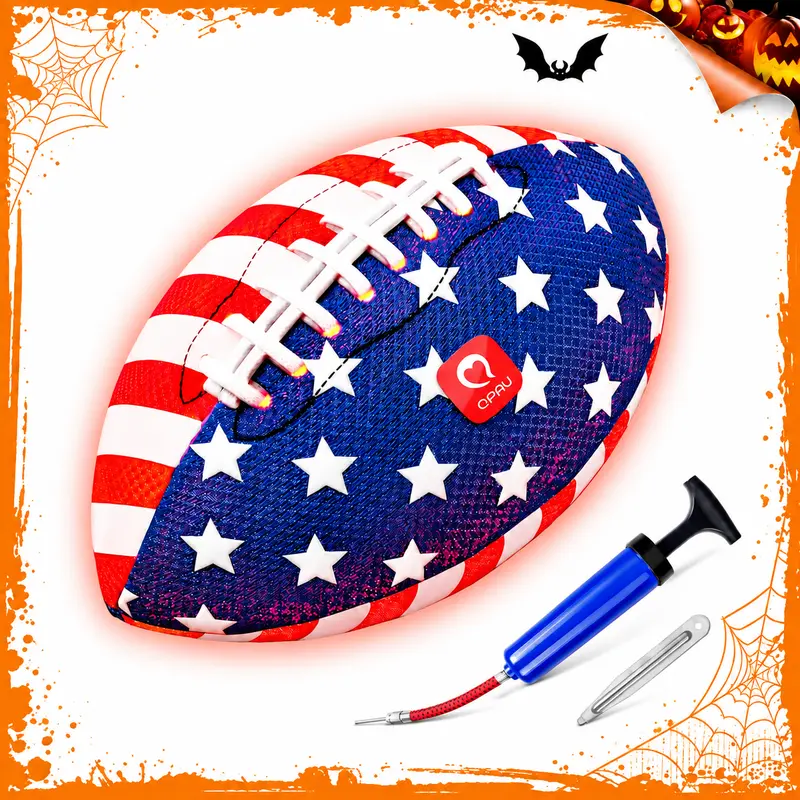 QPAU 9" Glow in the Dark LED Lights American Football - USA Flag Light Up Ball, Heavy-Duty Bladder, Easy to Handle, Beach Game Ready, Pump & Batteries Included, 6-12 Years Boys Toy, Backyard Sports Ball
